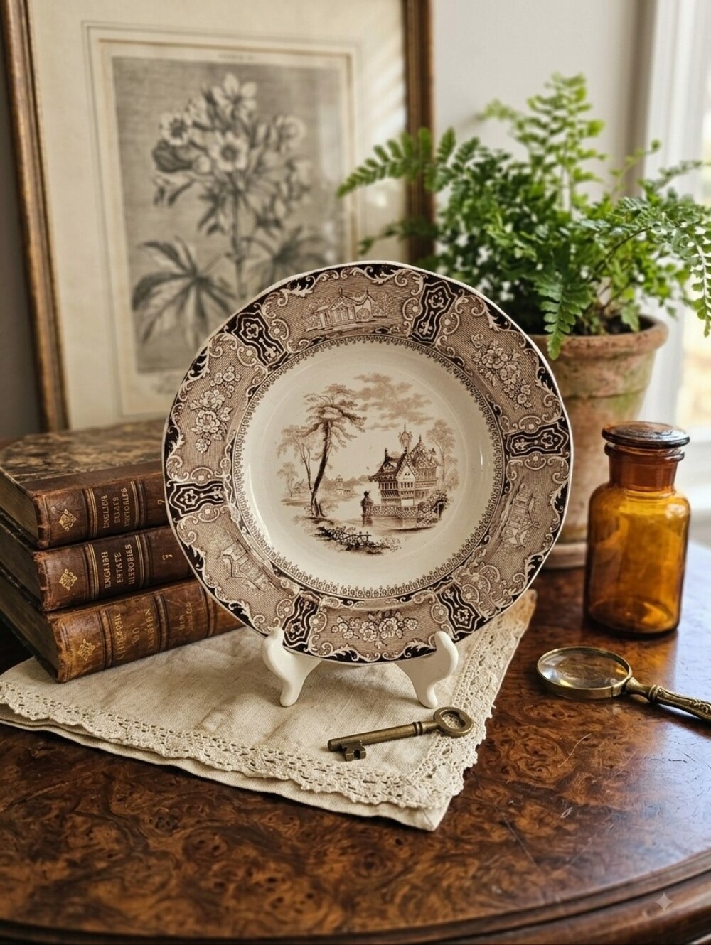 Antique J. Clementson Brown Transferware Ironstone Soup Bowl Plate Tillenberg